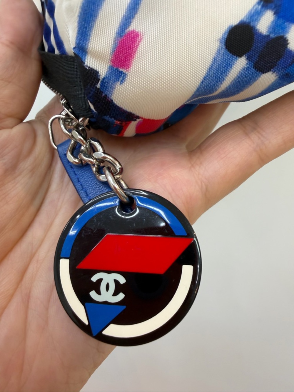 Chanel Graphic Print Cosmetic Pouch with Logo Charm - Blue, Red, Black, Cream - Picture 3 of 8